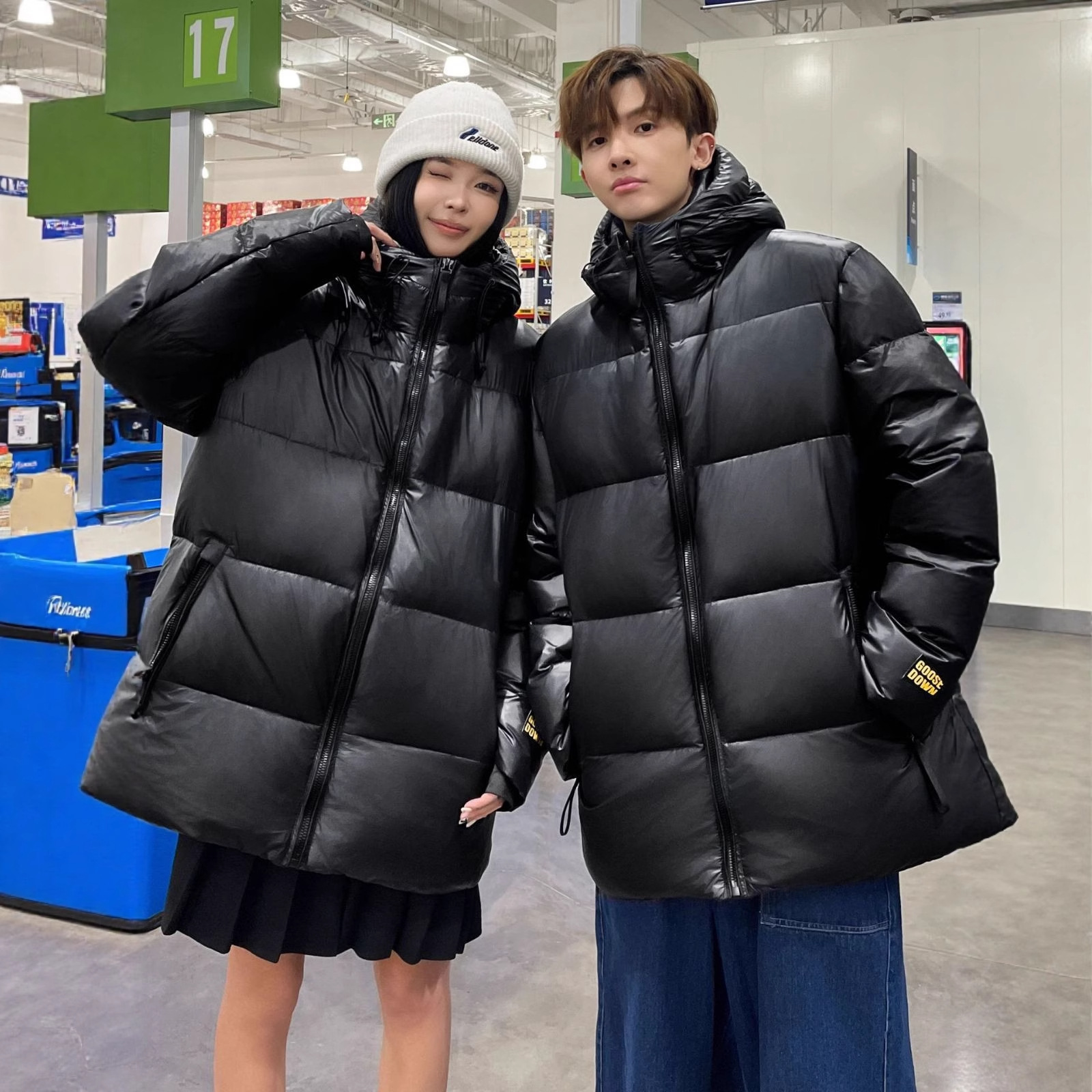 겨울 블랙 골드 5칸 브랜드 다운 재킷 남성과 여성을 위한 짧은 스타일 플러스 벨벳 두꺼운 흰색 거위 다운 재킷