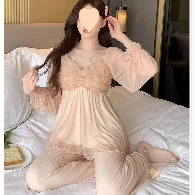 가슴 패드가 달린 잠옷 여성의 봄과 가을 메쉬 레이스 긴 소매 달콤한 소녀의 순수한 섹시한 홈 옷 세트 외복