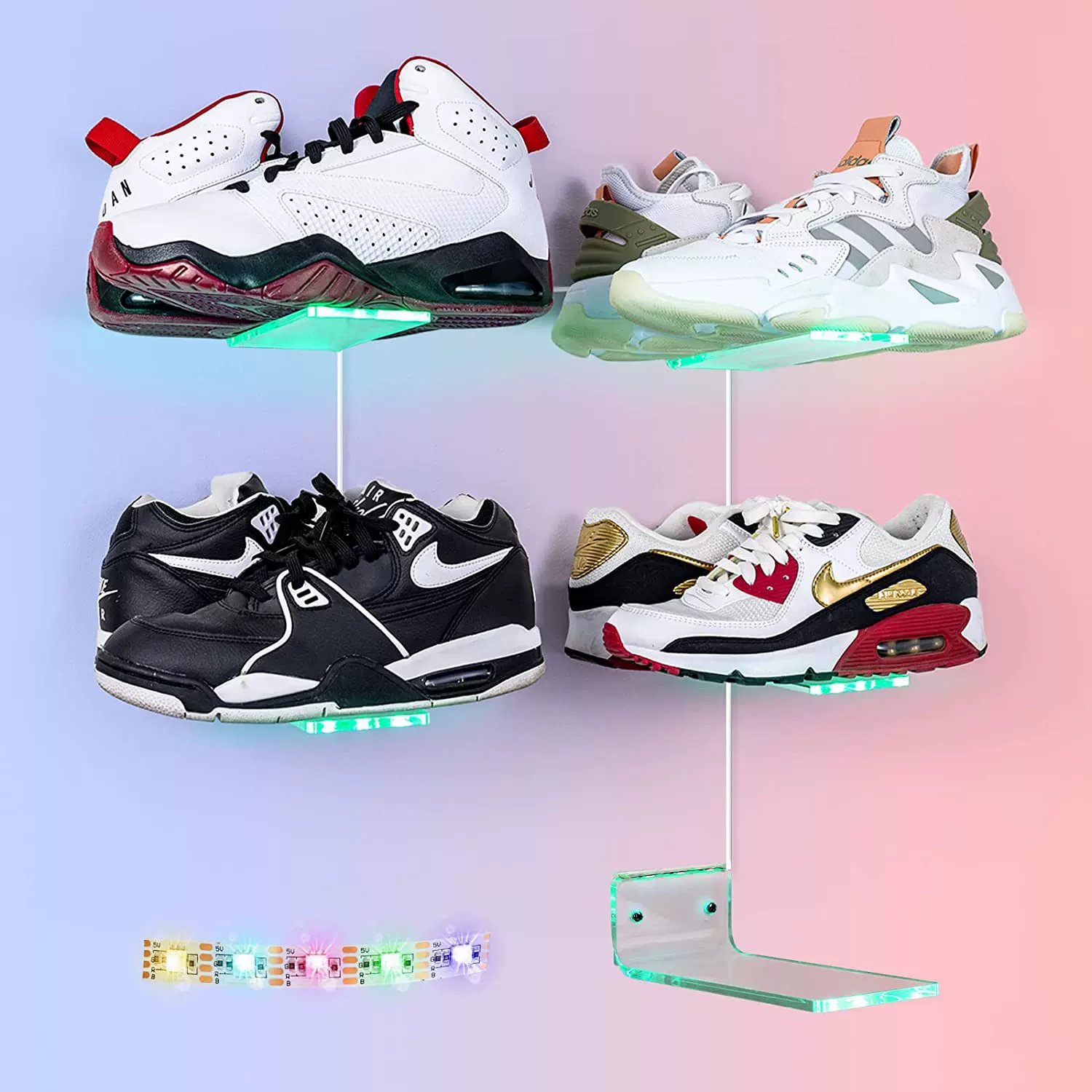 带灯的墙壁浮动鞋架，带20色LED灯的5鞋展示套件陈列潮流摆件