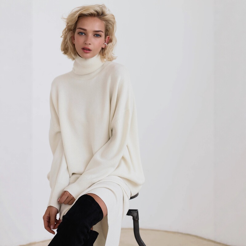 Cross-Border Knitted Sweater for Women, Loose-Fitting European and American Style, High-Neck, Cashmere-Like Feel, Thickened, 100% Merino Wool