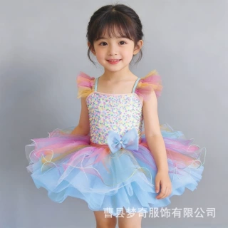 女童蓬蓬裙演出服儿童芭蕾舞裙七彩纱裙幼儿园宝宝可爱公主裙新款