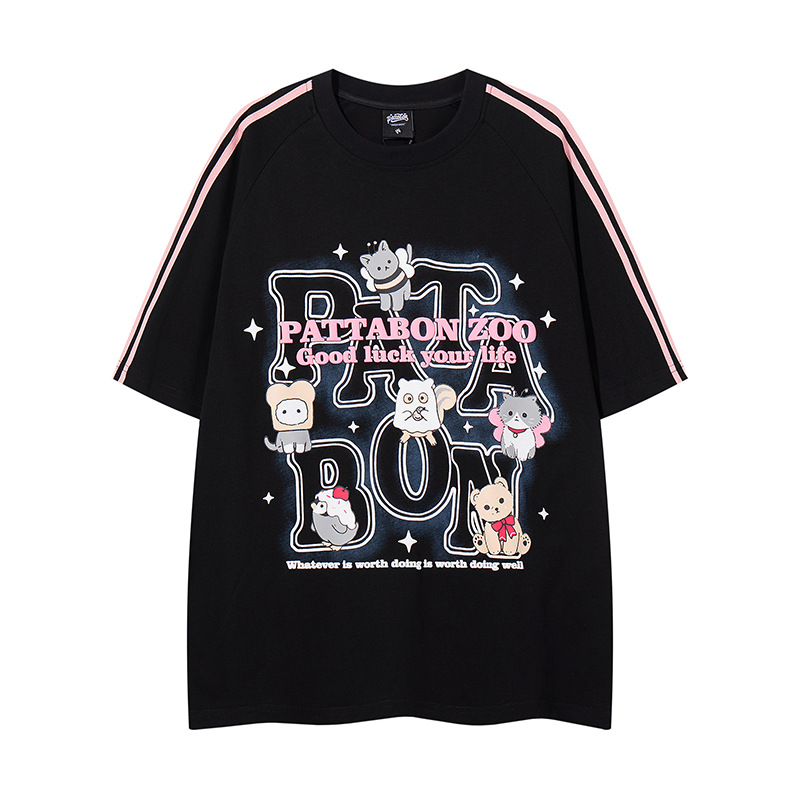 TKPA國潮發泡字母短袖T恤男女夏季寬鬆美式潮流條紋圓領情侶上衣