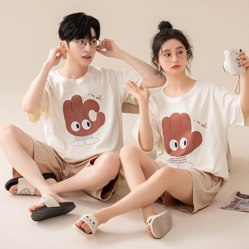 [Antibacteriano] Pijamas de pareja de verano de algodón puro para hombres y mujeres de manga corta de dibujos animados lindo casual se puede usar fuera del traje de servicio a domicilio