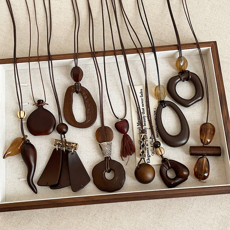 Geometric Coffee-Colored Wooden Pendant Braided Rope Long Necklace for Women, Simple Trendy Personality Fashion Versatile Choker Sweater Chain