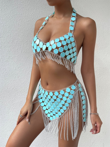 Turquoise sequined jazz dance outfits for women girls Slim fit open back European and American night club bar hot dance metal tassel tops and skirts beach suspender suit