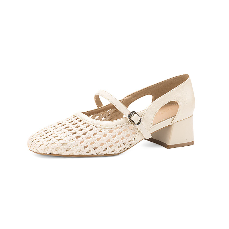 Sandal nữ quai ngang cổ điển gót vuông thoáng khí — BL735 Màu be