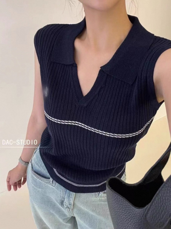 小刺绣V领撞色条纹针织马甲女2025夏季新款韩系修身显瘦无袖上衣|undefined