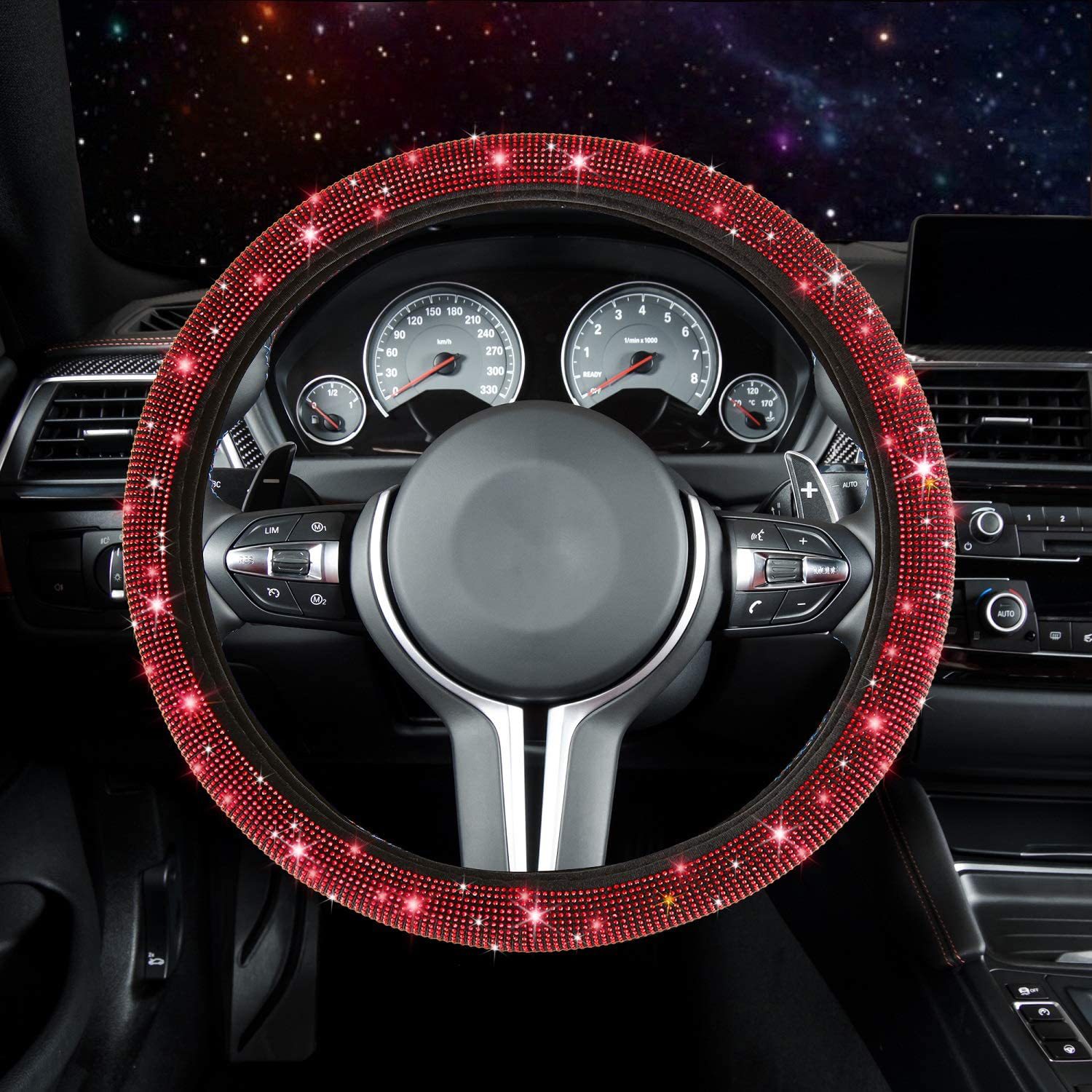 New Fashionable Full-Diamond Car Steering Wheel Cover for Women, Universal Crystal Flash Diamond Anti-Slip Handlebar Cover for All Seasons