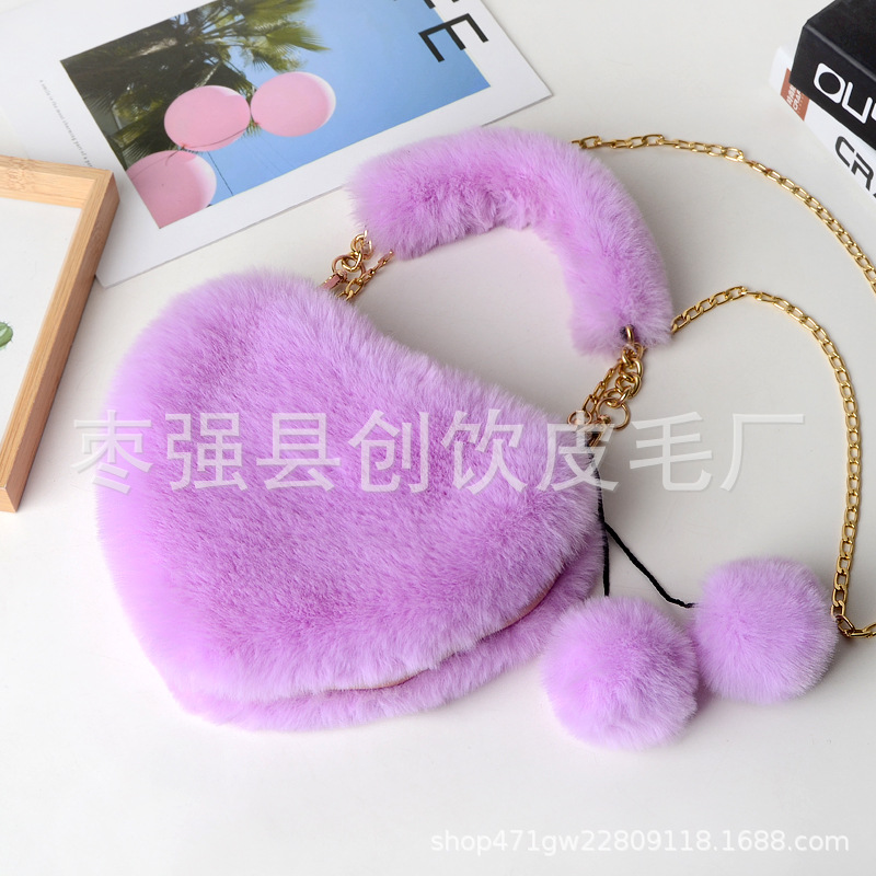 厂家批发仿獭兔毛绒心形女手提包毛毛爱心手提链条秋冬桃心包