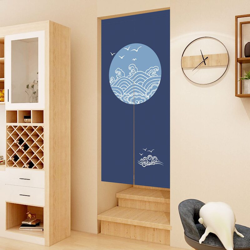 Japanese-style Wave Bird Navy Blue Fabric Door Curtain Bedroom Partition Curtain Hanging Curtain Kitchen Half Curtain Feng Shui Curtain Decoration Windshield