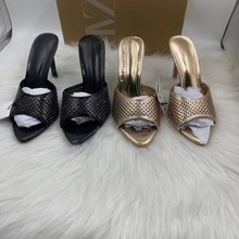 ZA新款女鞋尖头细跟凉鞋网面镶钻欧美时尚露趾高跟拖鞋质感跨境·