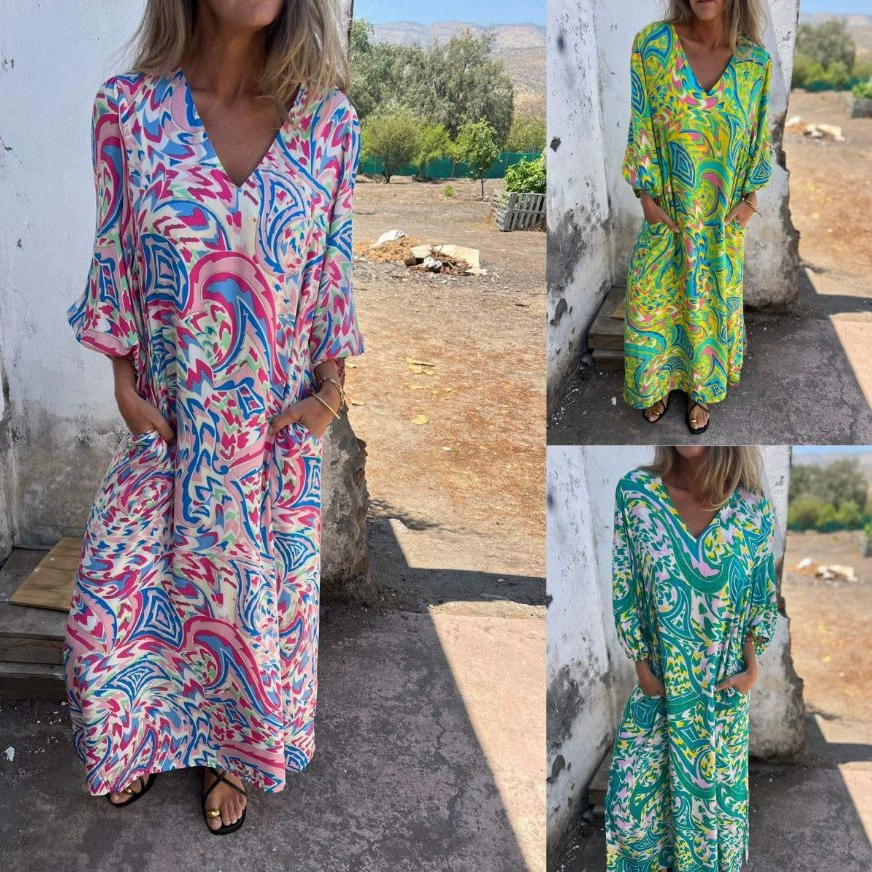 2025 трансграничная европейская и американская независимая станция Amazon, женское весенне-летнее новое повседневное платье с v-образным вырезом и длинной юбкой для женщин