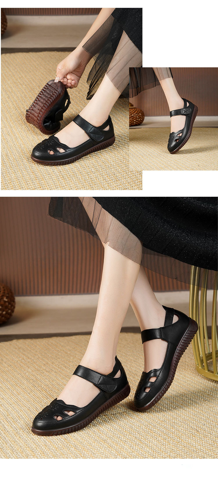 Sandal da thật nữ đế cao su bệt thoáng khí, phong cách thoải mái cho mẹ — màu đen chi tiết 14