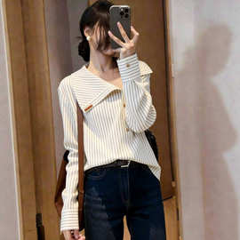韩系通勤翻领条纹衬衫女2026秋季新款洋气宽松显瘦长袖上衣A13363