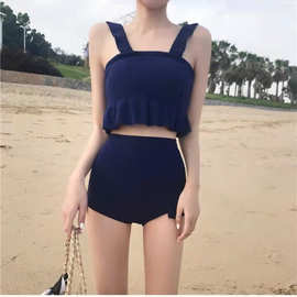 泳衣女仙气潜水平角裤带胸垫遮肉黑色分体泳衣女学生保守显瘦泳装