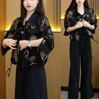 黑色金纹透视雪纺衬衫女秋季法式感气质大女主风宽松上衣