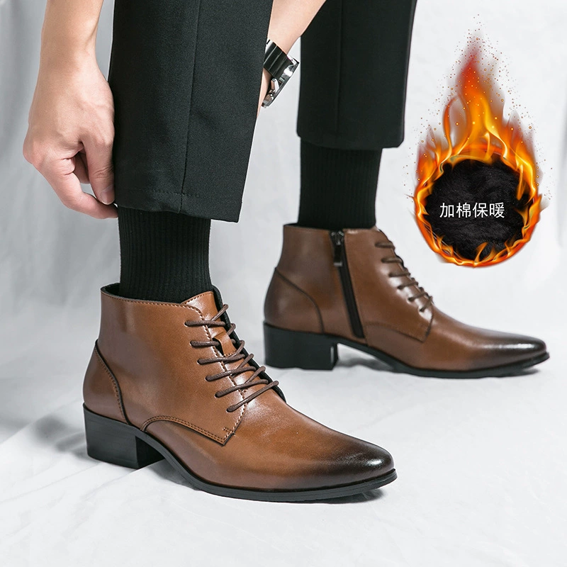 Зимние мужские ботинки челси из натуральной кожи, Модные Остроносые флисовые ботинки на шнуровке в римском стиле, модные ботинки Martin на высоком каблуке