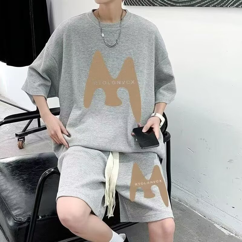 Camisas menos ropa verano para hombres nuevo waffle traje de manga corta deportes casuales de dos piezas en uno guapo y suelto