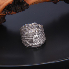 原创设计泰国纯手工s925纯银树皮纹戒指男做旧民族风宽版树叶指环