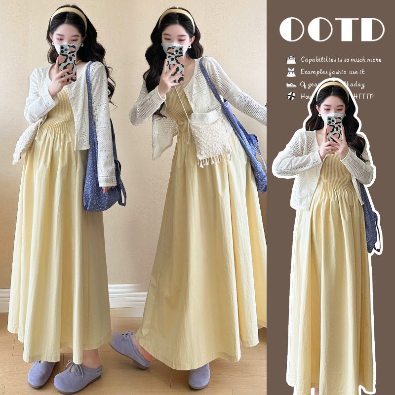 Maternity Dress, Summer French-Style Pregnancy Outfit, Pleated Long Skirt Set, Gentle Style, Yellow Suspender Skirt, Summer