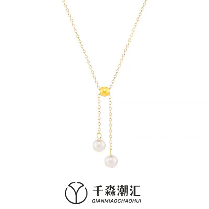 持久保色梅花红桃左双桃 珍珠抽拉项链女可以调节锁骨链气质复古