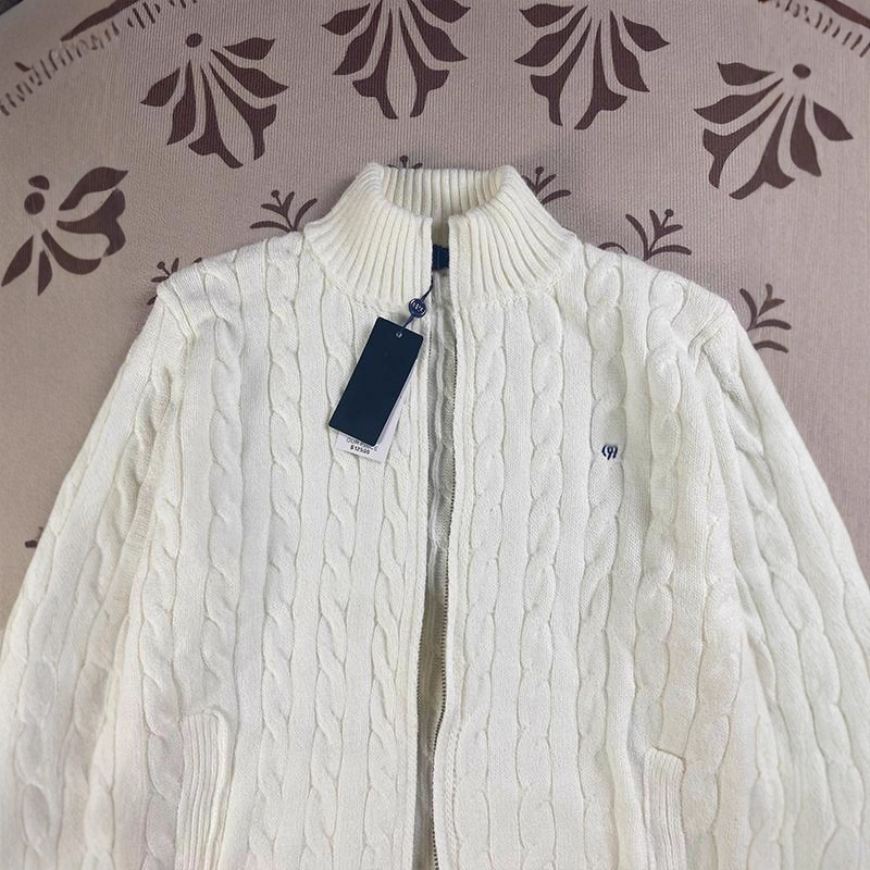 Rl Laff Pony Logo Autumn and Winter Knitted Sweater Men's Embroidered Lapel Couple Zipper Sweater Women's Twist Jacket Cardigan