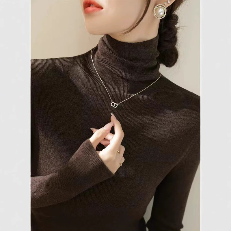 Brown Turtleneck Slim Sweater for Women 2025 Autumn and Winter New Slimming Look Inner Layering Shirt High-End Knitted Top