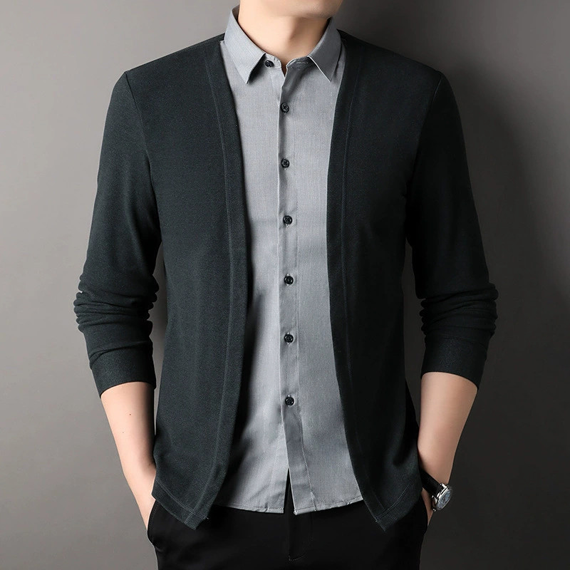 Autumn men's layered shirt-look set — cardigan with faux shirt, casual business knit, black/gray, sizes M–4XL