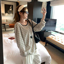 chic韩系松弛感复古条纹U领长袖t恤女春秋慵懒风休闲显瘦百搭上衣