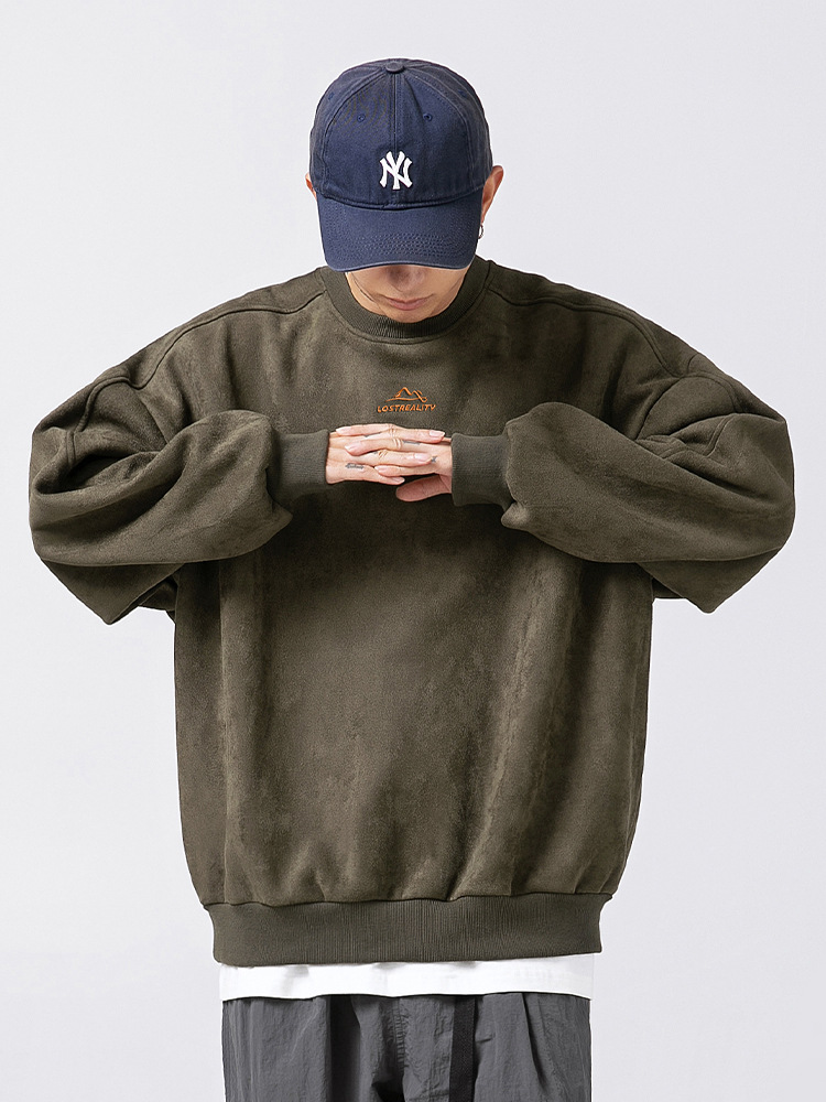 Sudadera de cuello redondo de gamuza de 350 g para hombre, estilo japonés, nueva colección primavera 2025, de marca, holgada, bordada, estilo chaqueta.