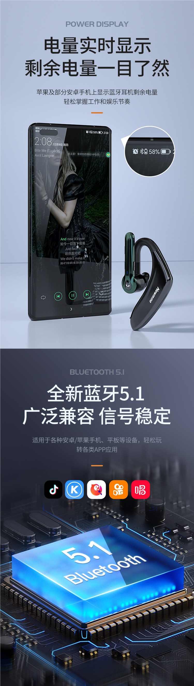 Newman Wireless Bluetooth Headset Single-Ear Hanging Ear Sports Type Driving Special Noise Reduction Ultra-Long Battery Life for Men and Women