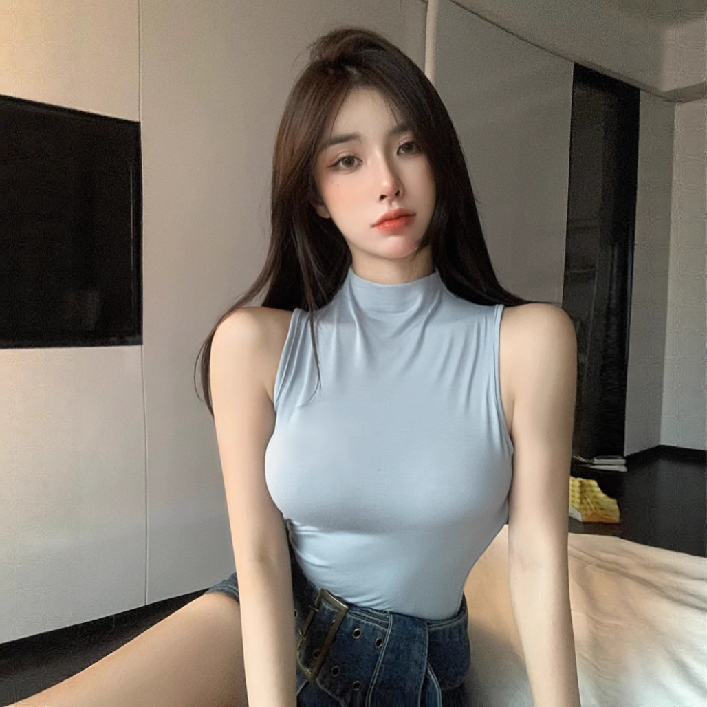여성용 민소매 레이서넥 탱크탑 2026 여름 핫걸 베이스레이어 티셔츠 하프넥 슬림핏 탑