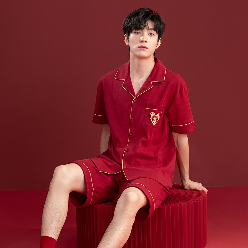 Pijamas de boda para recién casados 2025 para hombre, conjunto de verano de algodón puro de manga corta y pantalones cortos, holgado, rojo brillante, para el hogar, con diseño del año del zodiaco