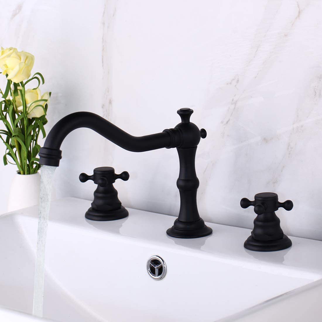 Copper antique bathroom sink bathtub three-piece set, faucet, plum blossom handwheel, three-hole washbasin, ceramic basin, black faucet undefined