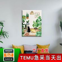 TEMU热销波西米亚植物卧室挂画 喷绘帆布画黑猫居家背景墙装饰画
