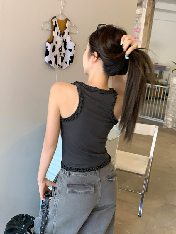 韩系灰色木耳边小吊带背心女2025年新款独特设计感显瘦无袖上衣女|undefined