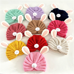 Autumn and winter cartoon cute baby pullover rabbit ears warm handmade wide-brimmed knitted hat headdress children's hair accessories