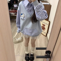 刺绣kitty猫POLO领假两件卫衣女男新款情侣宽松小众学院风上衣潮