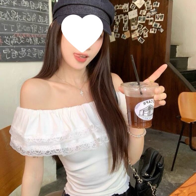 French-Style White One-Shoulder Shirt for Women, Summer Beautiful Lace Ruffle Design, Off-Shoulder Short Elegant Top French-Style White One-Shoulder Shirt for Women, Summer Beautiful Lace Ruffle Design, Off-Shoulder Short Elegant Top