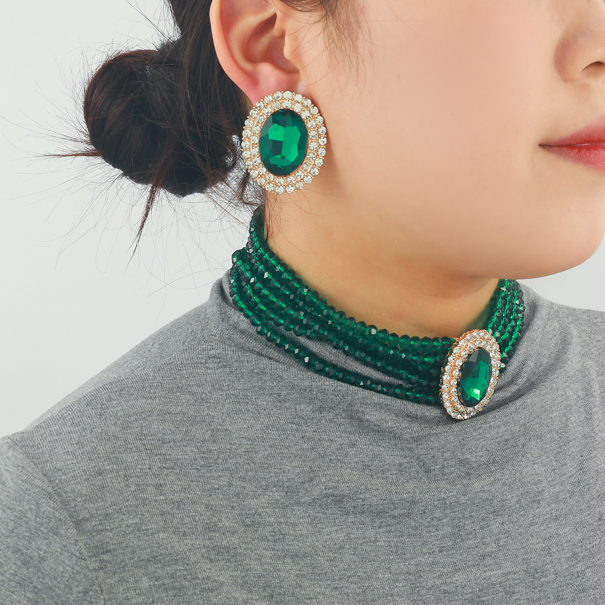 欧美夸张水晶玻璃几何形耳环项链套装大牌轻奢choker颈链跨境货源