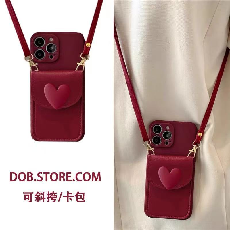 Niche Burgundy Heart-Shaped Card Holder Case Suitable for iPhone 17 Pro, Card-Insertable Phone Case for Apple 14/13/X/Xr/7