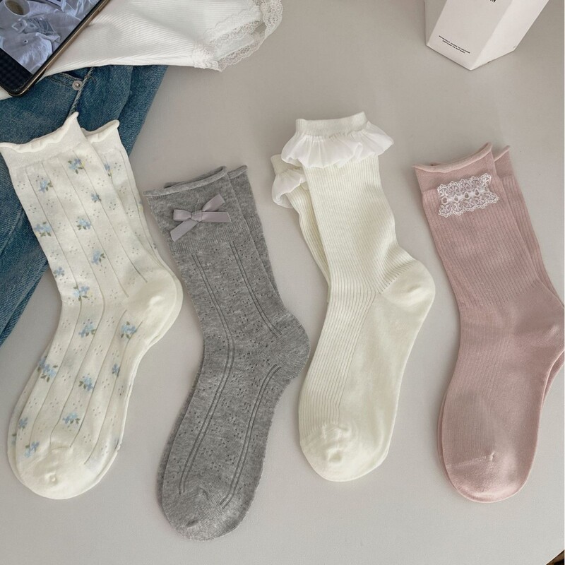 Love Hollow-out Atmosphere Bowknot Stacked Socks for Children Lightweight Breathable Mid-tube Socks Sweet Floral JK Lolita