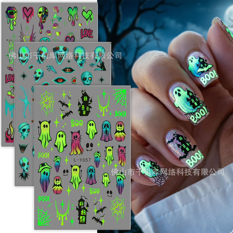 Halloween Glow-In-The-Dark Series Nail Stickers Ghost Spider Web Castle Nail Stickers with Adhesive Backing Source Manufacturer