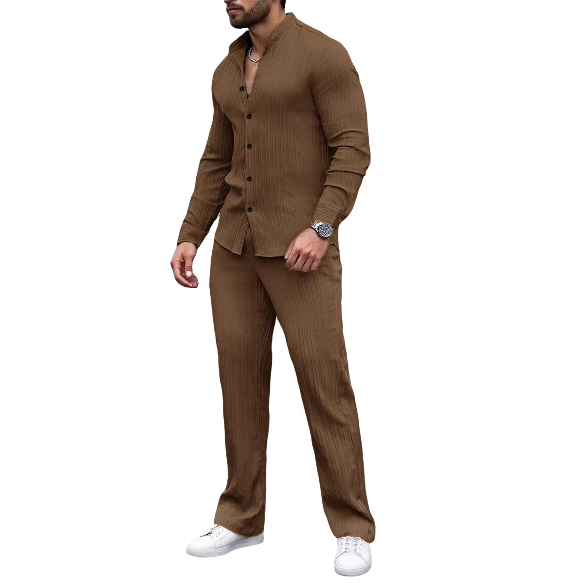 Transfronterizo Amazon nueva primavera y otoño delgada camisa de manga larga de color sólido sin cuello para hombre juego de dos piezas deportivas casuales