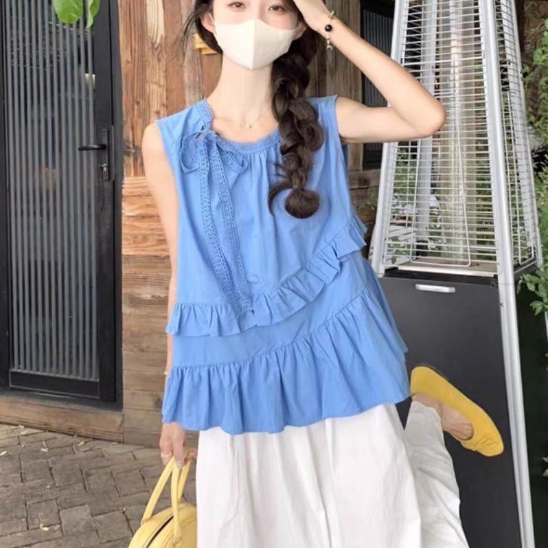 Irregular Ruffled Lace-Up Sleeveless Vest Shirt for Women, Summer Klein Blue Loose Babydoll Top