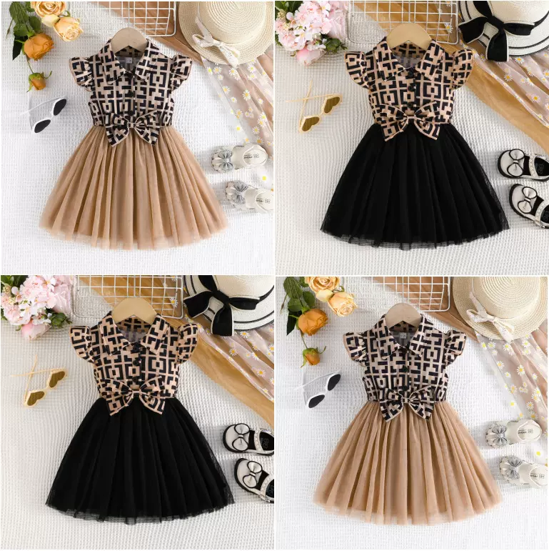 跨境专供—中小童女童夏季款格纹时装版拼接飞袖连衣裙 一件代发