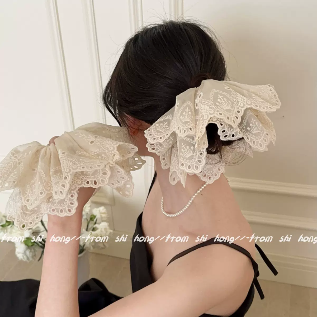 米色蕾丝刺绣大肠发圈女丸子头扎发头绳大号马尾发绳法式复古头饰