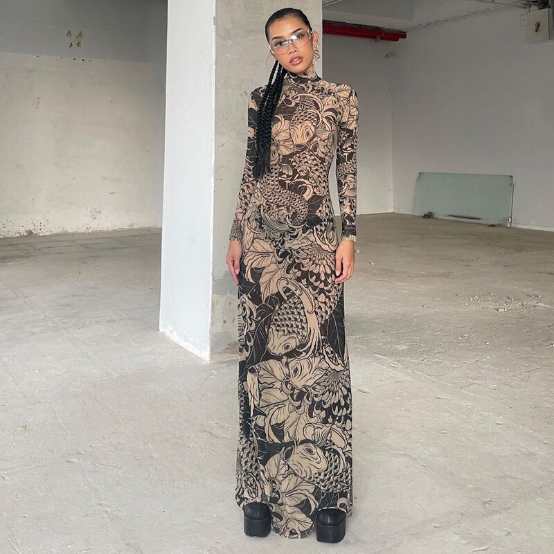 2024 High-Neck Slim-Fit Dress, Stylish New Women's Fashion, See-Through European and American Mesh, Spring and Summer Print