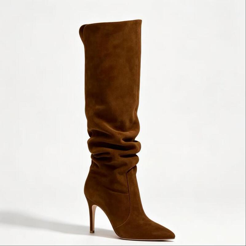 Pointed-toe suede brown stiletto high-heeled fashionable mid-calf and knee-high women's boots with pleats, European and American plus-size foreign trade fashion women's boots Pointed-toe suede brown stiletto high-heeled fashionable mid-calf and knee-high women's boots with pleats, European and American plus-size foreign trade fashion women's boots