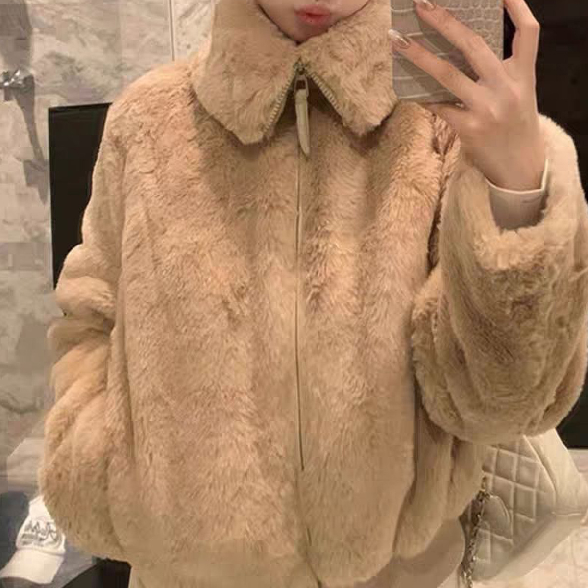 Chaqueta Corta de Felpa para Mujer de Poliéster Térmica con Cuello Alto y Manga Larga para Invierno